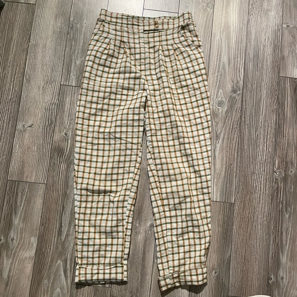 Plaid High-Rise Straight Leg Cropped Trousers